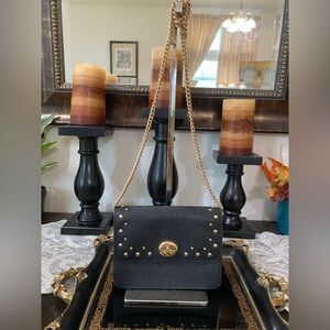 COACH F44964 Bowery Studded Black Crossgrain Leather Turnlock Flap Crossbody